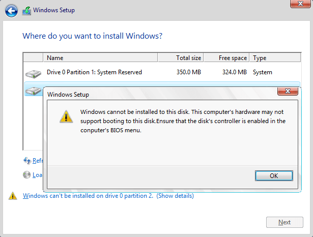 Windows cannot be installed to this disk