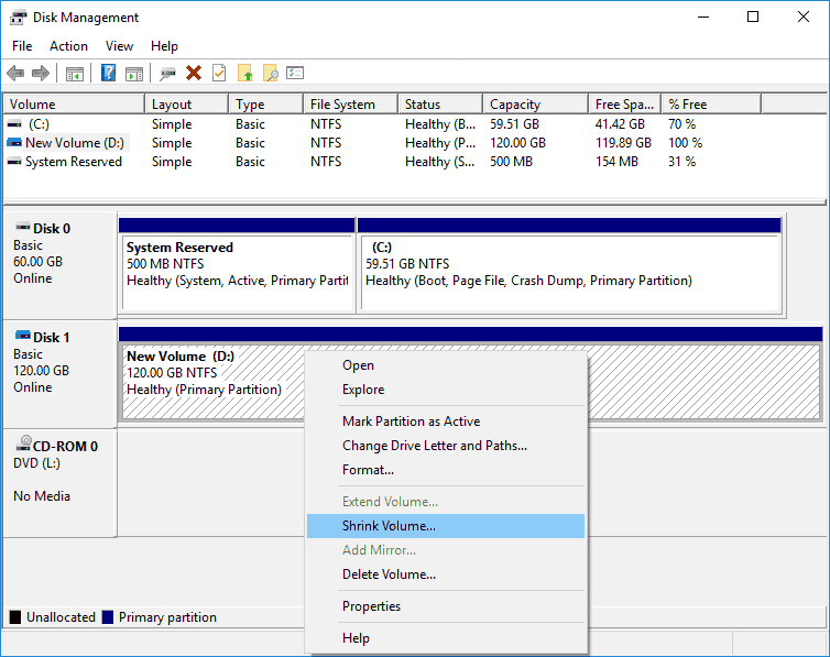 ridimensiona le partizioni in Windows