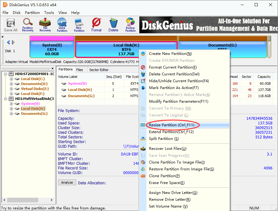 resize NTFS partition