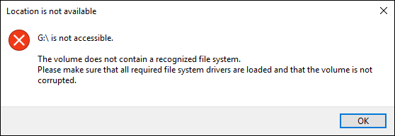 The volume does not contain a recognized file system