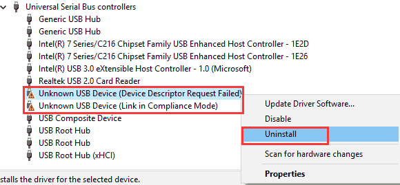 Unknown USB device Device Descriptor Request Failed