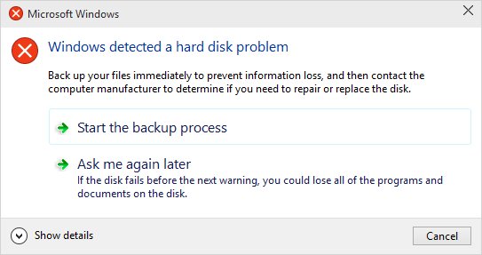Windows detected a hard disk problem