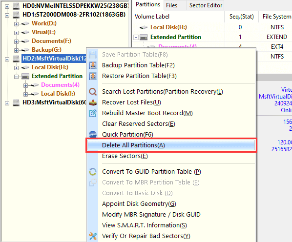 delete all partitions