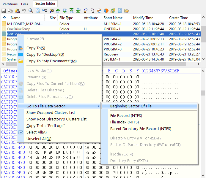 Sector Editor Shortcut Menu