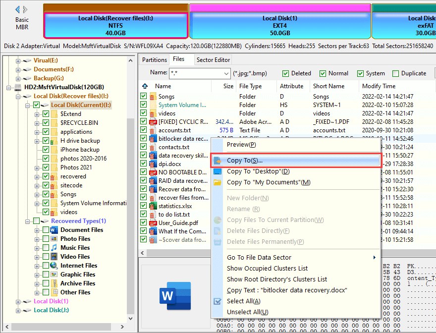 DiskGenius scan results: recovered files listed, with Copy To in the menu